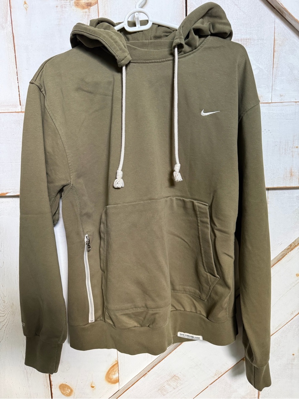Nike Olive Green Hoodie with White Swoosh and Drawstrings